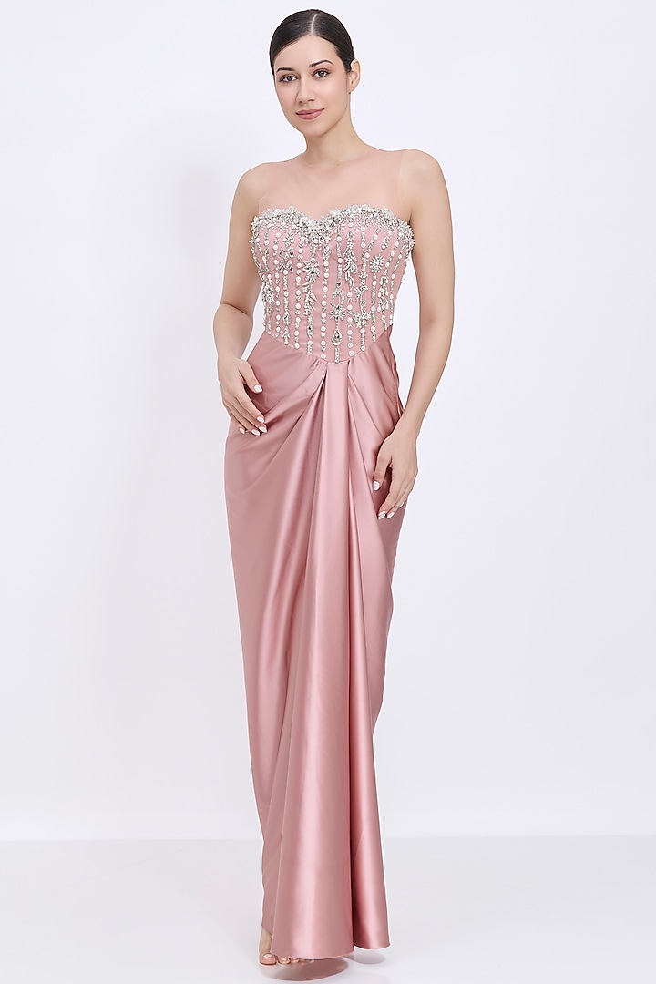 Old-Rose Blended Satin & Polyester Satin Embroidered Draped Engagement Gown by Dilnaz Karbhary at Pernia's Pop Up Shop