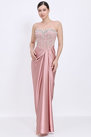 Old-Rose Blended Satin & Polyester Satin Embroidered Draped Gown by Dilnaz Karbhary
