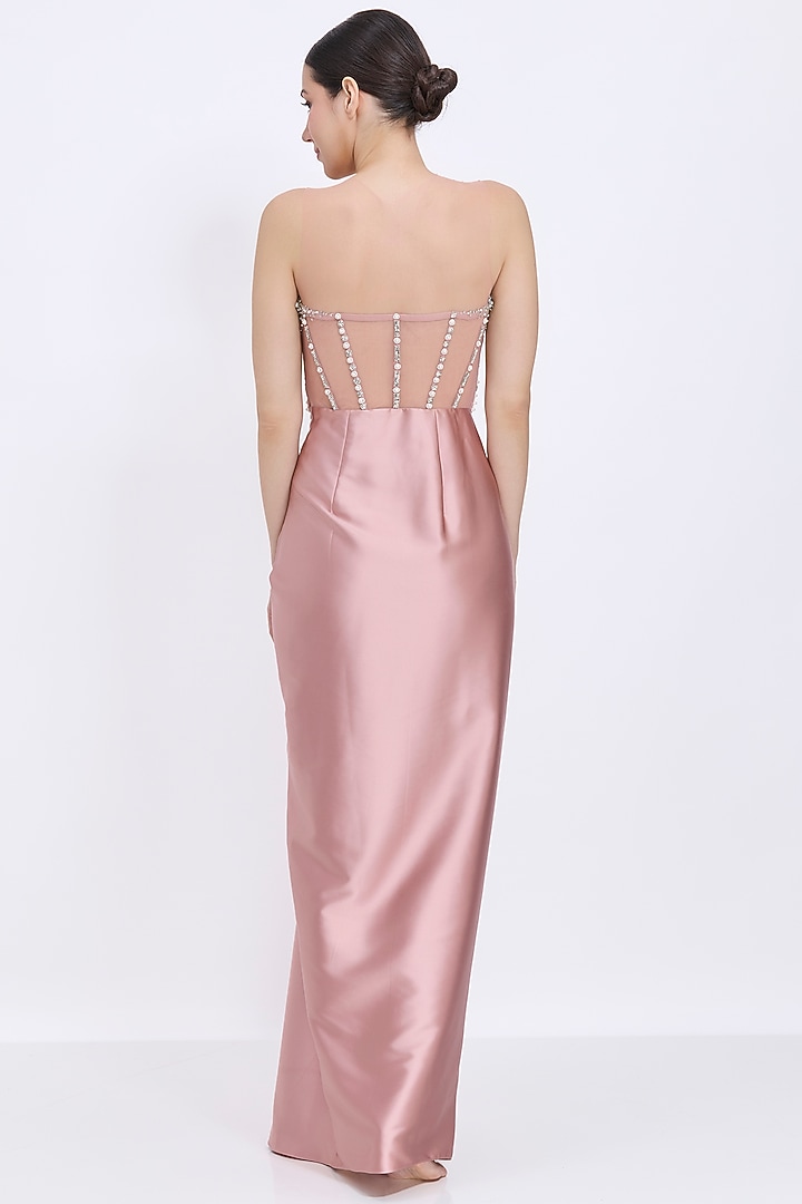 Old-Rose Blended Satin & Polyester Satin Embroidered Draped Engagement Gown by Dilnaz Karbhary at Pernia's Pop Up Shop