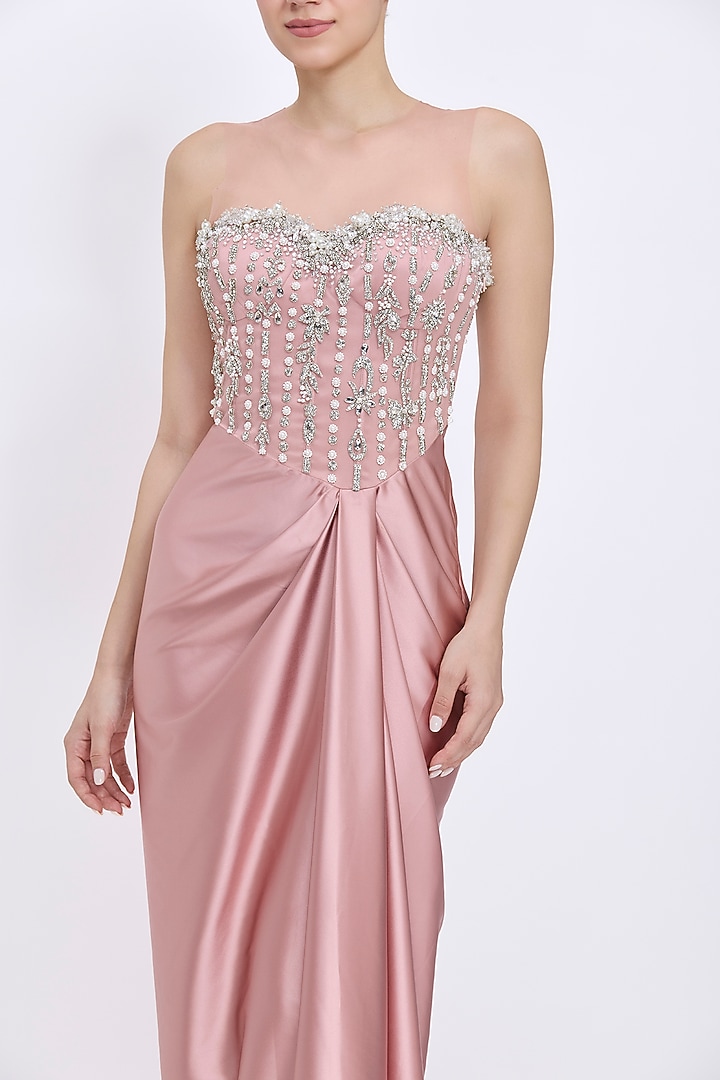 Old-Rose Blended Satin & Polyester Satin Embroidered Draped Engagement Gown by Dilnaz Karbhary at Pernia's Pop Up Shop
