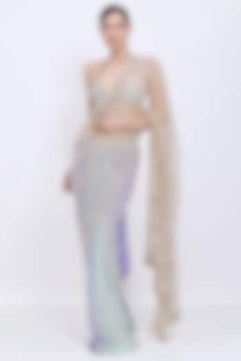 Lilac-Khaki Gold Shaded Net Hand Embroidered Reception Saree by Dilnaz Karbhary at Pernia's Pop Up Shop