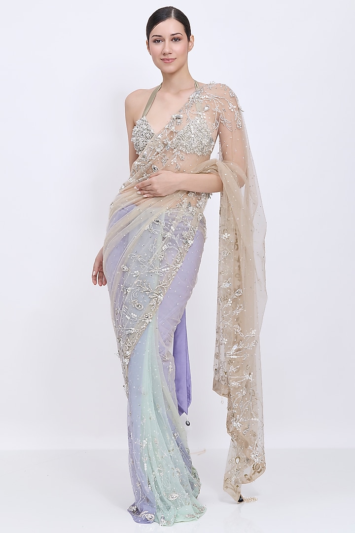 Lilac-Khaki Gold Shaded Net Hand Embroidered Reception Saree by Dilnaz Karbhary at Pernia's Pop Up Shop