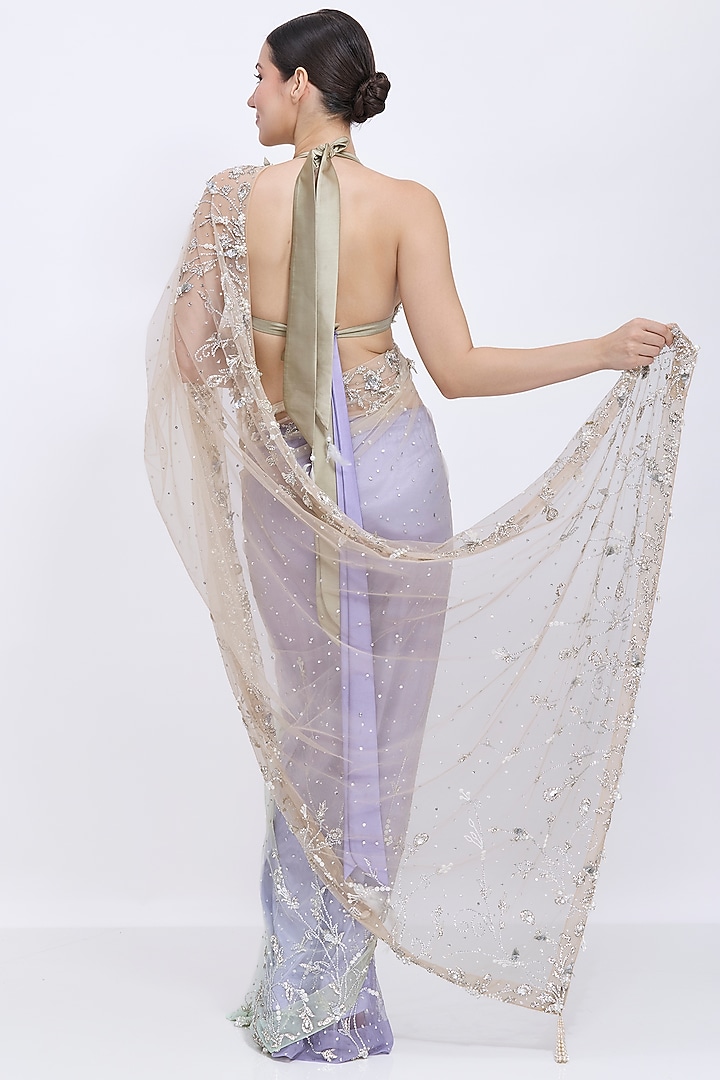 Lilac-Khaki Gold Shaded Net Hand Embroidered Reception Saree by Dilnaz Karbhary at Pernia's Pop Up Shop