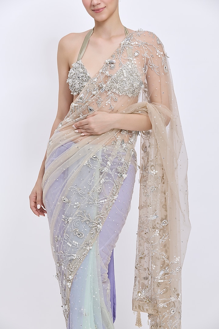 Lilac-Khaki Gold Shaded Net Hand Embroidered Reception Saree by Dilnaz Karbhary at Pernia's Pop Up Shop