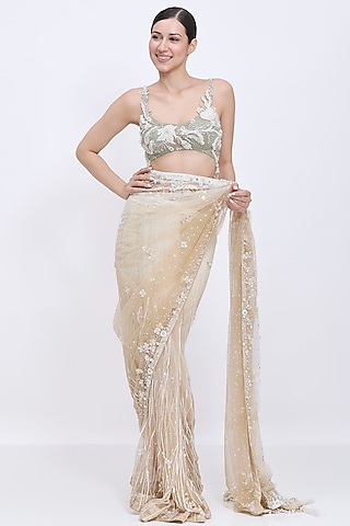 Ash Grey Net & Polyester Satin Hand Embroidered Blouse by Dilnaz Karbhary