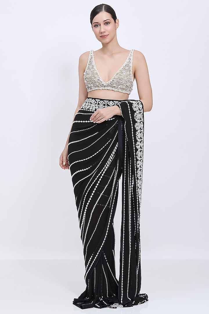 Ivory Net & Polyester Satin Hand Embroidered Blouse by Dilnaz Karbhary at Pernia's Pop Up Shop