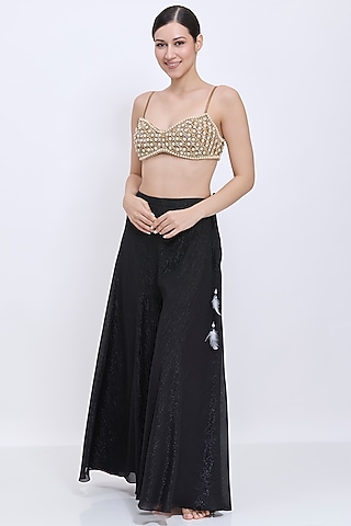Chocolate Brown Net & Polyester Satin Hand Embroidered Bustier Blouse by Dilnaz Karbhary
