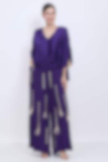 Purple Blended Satin Hand Embroidered Jumpsuit With Draped Kaftan by Dilnaz Karbhary at Pernia's Pop Up Shop