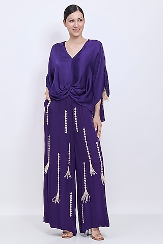 Purple Blended Satin Hand Embroidered Jumpsuit With Draped Kaftan by Dilnaz Karbhary