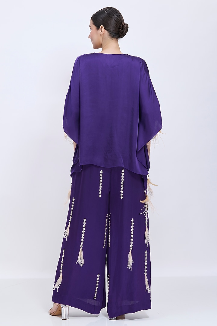Purple Blended Satin Hand Embroidered Jumpsuit With Draped Kaftan by Dilnaz Karbhary at Pernia's Pop Up Shop