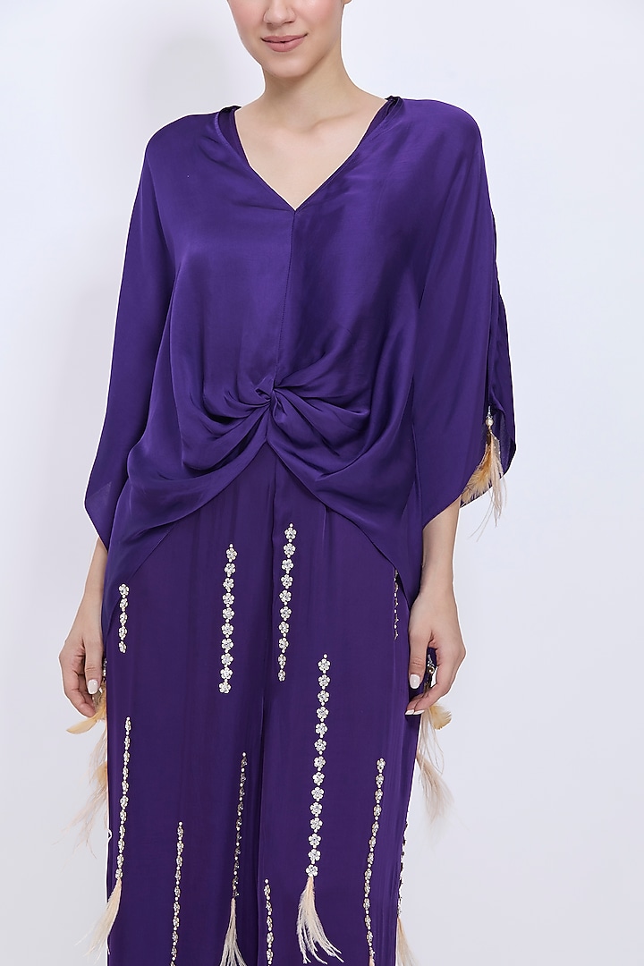 Purple Blended Satin Hand Embroidered Jumpsuit With Draped Kaftan by Dilnaz Karbhary at Pernia's Pop Up Shop