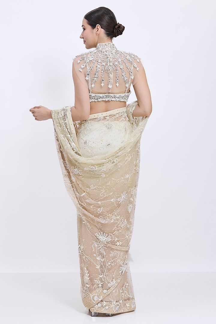 Ivory Net & Polyester Satin Hand Embroidered Necklace Bib by Dilnaz Karbhary at Pernia's Pop Up Shop