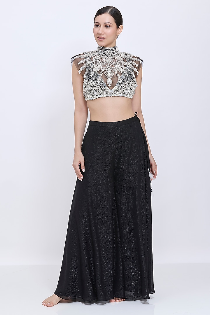 Black Net & Polyester Satin Hand Embroidered Necklace Bib by Dilnaz Karbhary at Pernia's Pop Up Shop