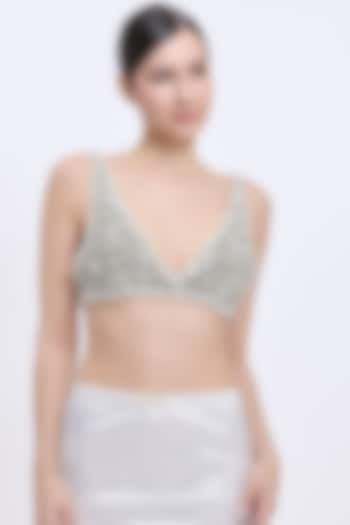 Ash Grey Net & Polyester Satin Hand Embroidered Blouse by Dilnaz Karbhary at Pernia's Pop Up Shop