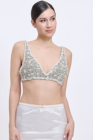 Ash Grey Net & Polyester Satin Hand Embroidered Blouse by Dilnaz Karbhary