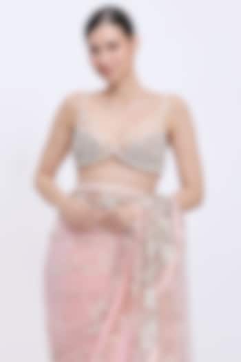 Dusty Pink Net & Polyester Satin Hand Embroidered Blouse by Dilnaz Karbhary at Pernia's Pop Up Shop