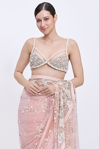Dusty Pink Net & Polyester Satin Hand Embroidered Blouse by Dilnaz Karbhary