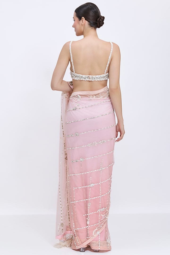 Dusty Pink Net & Polyester Satin Hand Embroidered Blouse by Dilnaz Karbhary at Pernia's Pop Up Shop