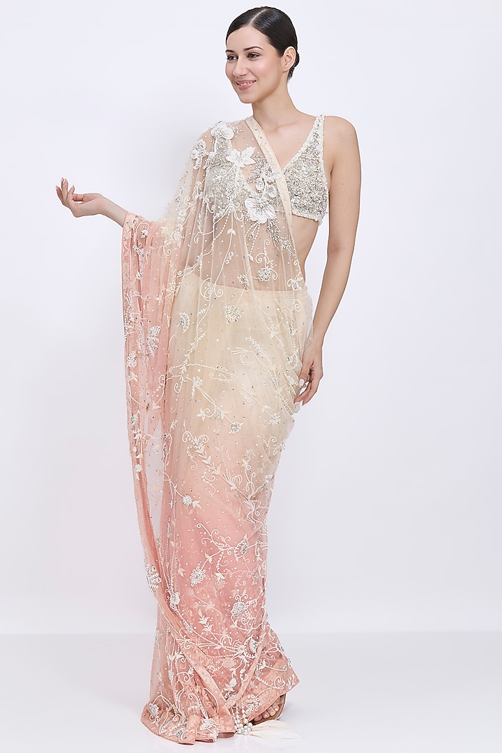 Cream & Salmon-Colored Shaded Net Hand Embroidered Bridal Saree by Dilnaz Karbhary at Pernia's Pop Up Shop
