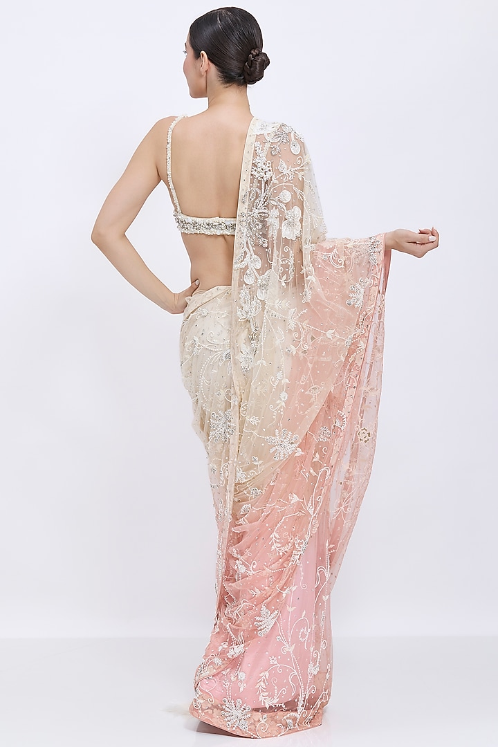 Cream & Salmon-Colored Shaded Net Hand Embroidered Bridal Saree by Dilnaz Karbhary at Pernia's Pop Up Shop