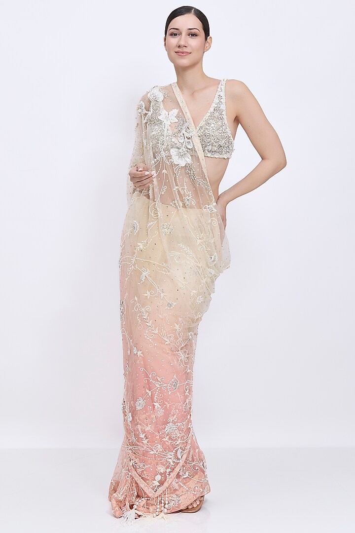 Cream & Salmon-Colored Shaded Net Hand Embroidered Bridal Saree by Dilnaz Karbhary at Pernia's Pop Up Shop