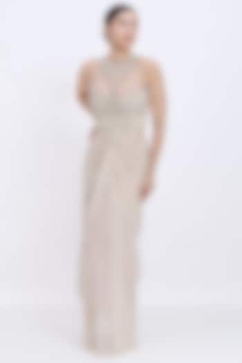 Cream Polyester Satin Draped Halter-Neck Engagement Gown by Dilnaz Karbhary at Pernia's Pop Up Shop