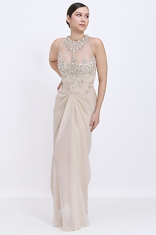 Cream Polyester Satin Draped Halter-Neck Gown by Dilnaz Karbhary