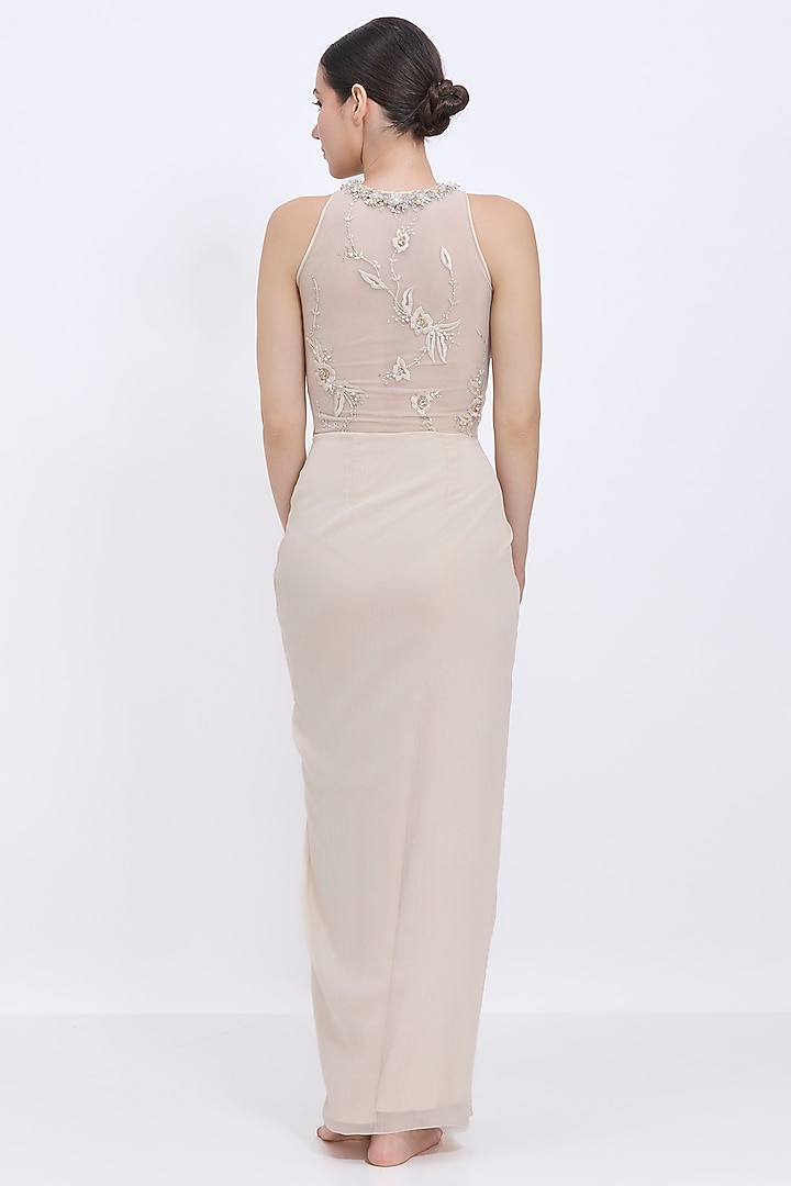 Cream Polyester Satin Draped Halter-Neck Engagement Gown by Dilnaz Karbhary at Pernia's Pop Up Shop