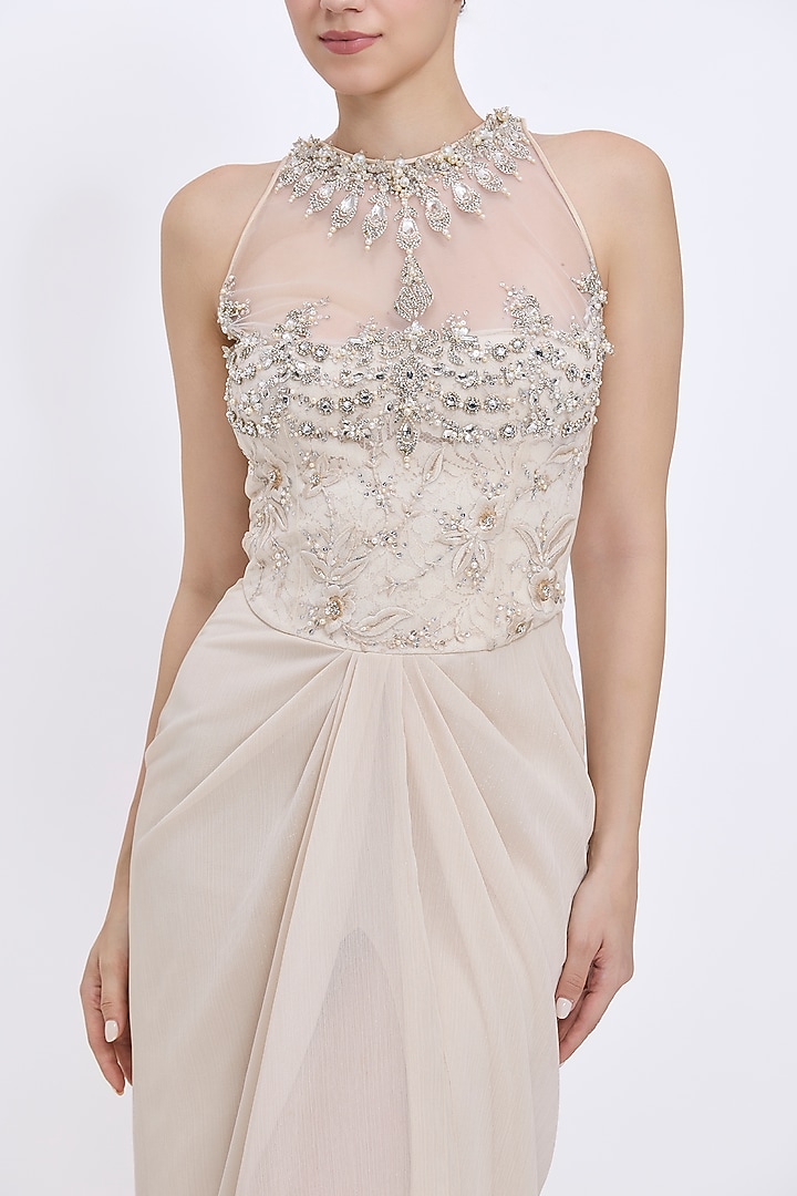 Cream Polyester Satin Draped Halter-Neck Engagement Gown by Dilnaz Karbhary at Pernia's Pop Up Shop
