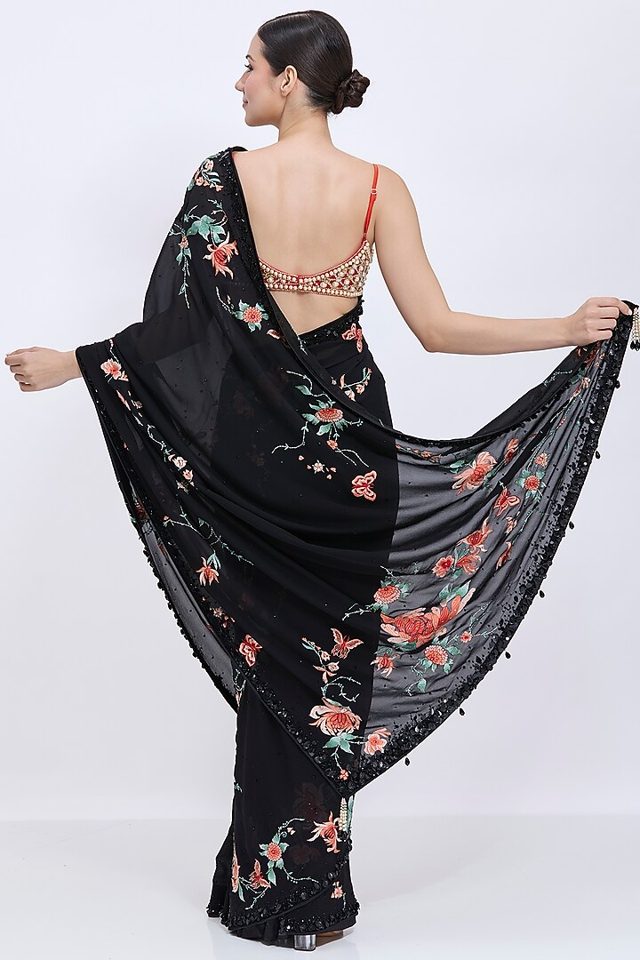 Black Georgette Chrysanthemum Hand & Machine Embroidered Reception Saree by Dilnaz Karbhary at Pernia's Pop Up Shop