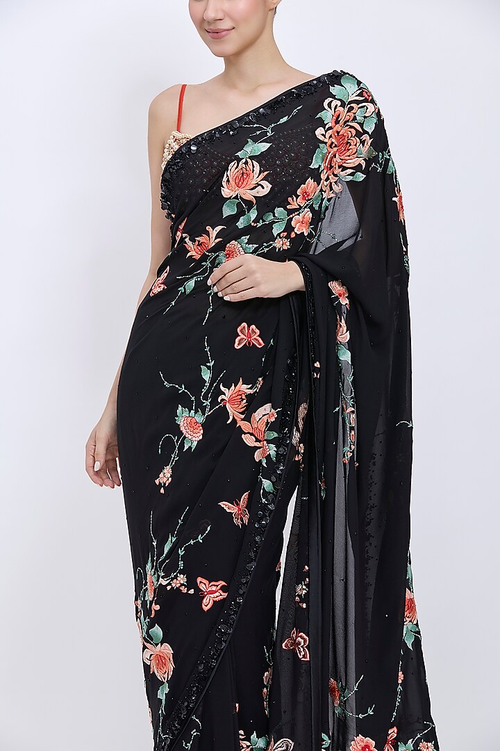 Black Georgette Chrysanthemum Hand & Machine Embroidered Reception Saree by Dilnaz Karbhary at Pernia's Pop Up Shop