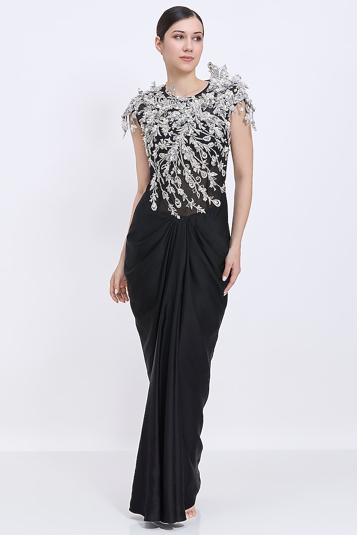 Black Polyester Satin 3D Diamond Wedding Gown by Dilnaz Karbhary at Pernia's Pop Up Shop