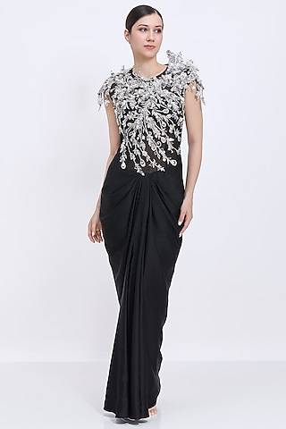 Black Polyester Satin 3D Diamond Gown by Dilnaz Karbhary