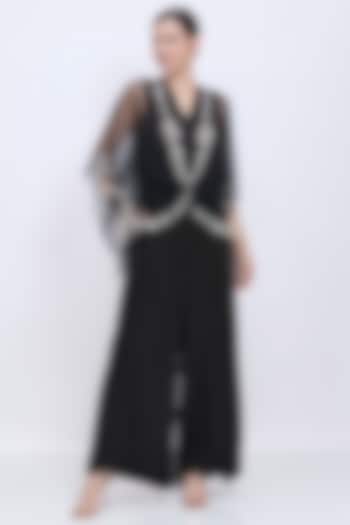 Black Net & Blended Linen Embroidered Jumpsuit with Kaftan by Dilnaz Karbhary at Pernia's Pop Up Shop