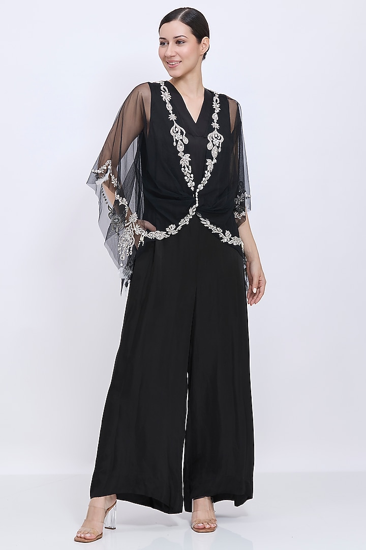 Black Net & Blended Linen Embroidered Jumpsuit with Kaftan by Dilnaz Karbhary at Pernia's Pop Up Shop
