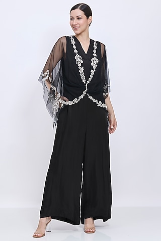 Black Net & Blended Linen Embroidered Jumpsuit with Kaftan by Dilnaz Karbhary