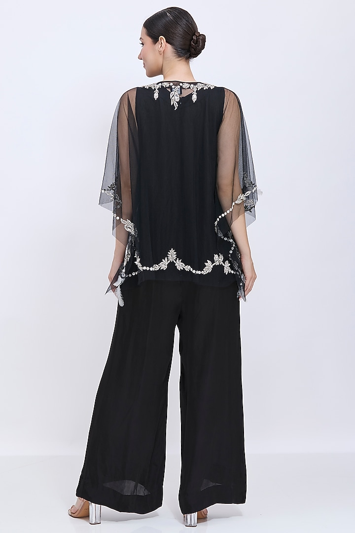 Black Net & Blended Linen Embroidered Jumpsuit with Kaftan by Dilnaz Karbhary at Pernia's Pop Up Shop