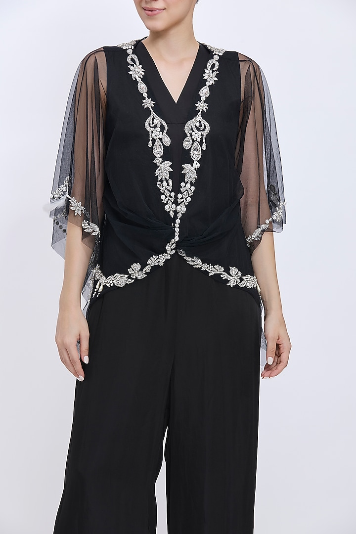 Black Net & Blended Linen Embroidered Jumpsuit with Kaftan by Dilnaz Karbhary at Pernia's Pop Up Shop