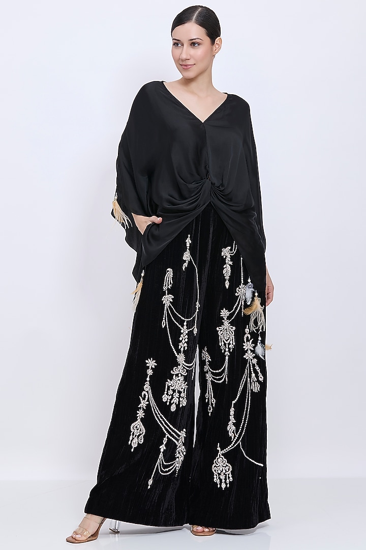 Black Crushed Blended Velvet Hand Embroidered Trousers by Dilnaz Karbhary at Pernia's Pop Up Shop