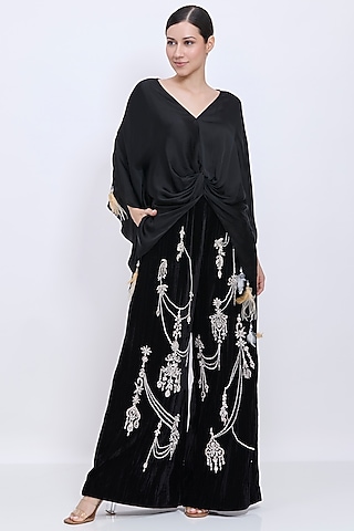 Black Crushed Blended Velvet Hand Embroidered Trousers by Dilnaz Karbhary
