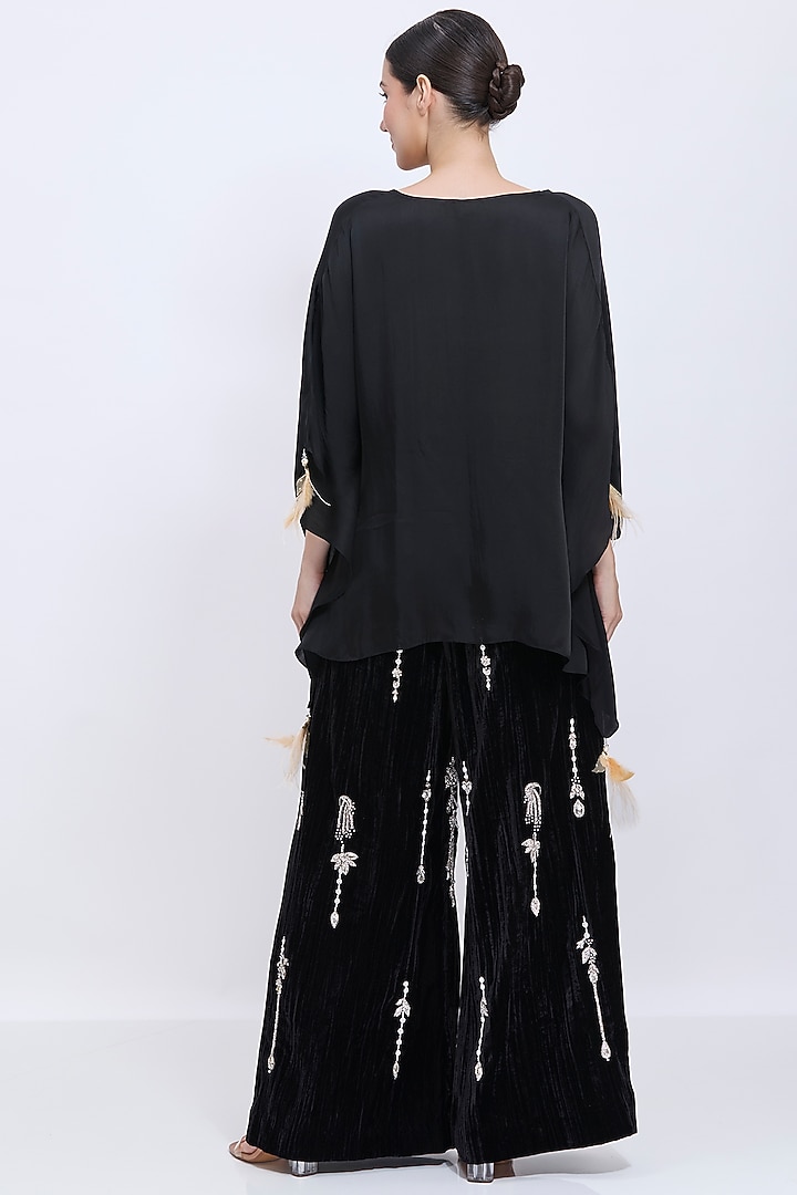 Black Crushed Blended Velvet Hand Embroidered Trousers by Dilnaz Karbhary at Pernia's Pop Up Shop