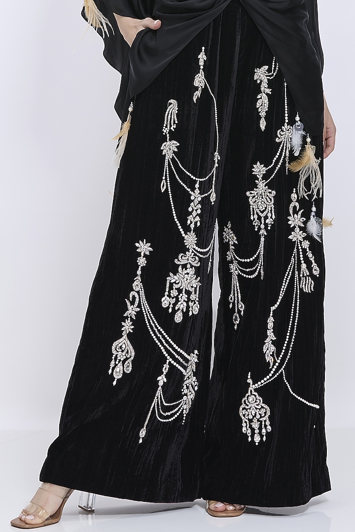 Black Crushed Blended Velvet Hand Embroidered Trousers by Dilnaz Karbhary at Pernia's Pop Up Shop