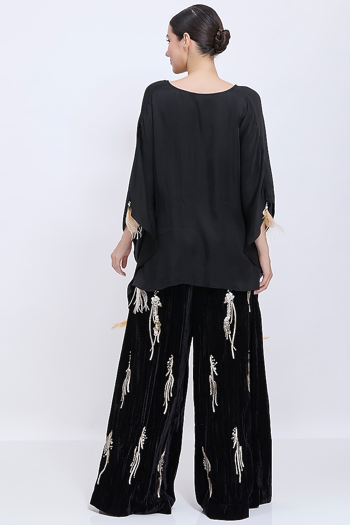 Black Crushed Blended Velvet Hand Embroidered Trousers by Dilnaz Karbhary at Pernia's Pop Up Shop