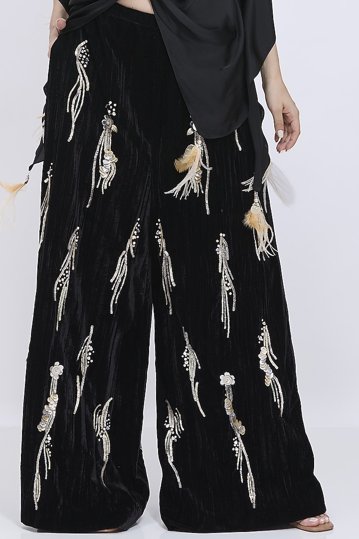 Black Crushed Blended Velvet Hand Embroidered Trousers by Dilnaz Karbhary at Pernia's Pop Up Shop