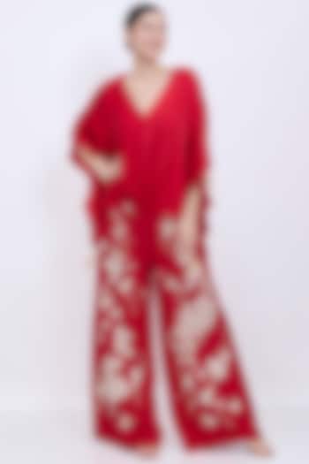 Red Blended Linen Chrysanthemum Machine Embroidered Trousers by Dilnaz Karbhary at Pernia's Pop Up Shop