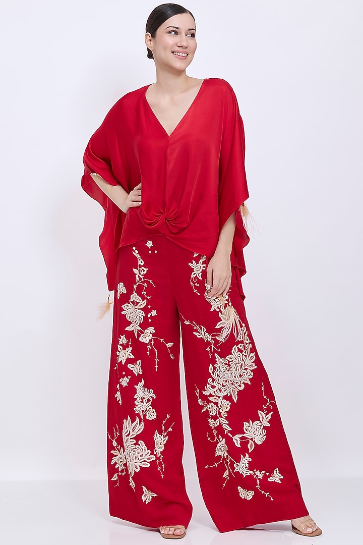 Red Blended Linen Chrysanthemum Machine Embroidered Trousers by Dilnaz Karbhary at Pernia's Pop Up Shop