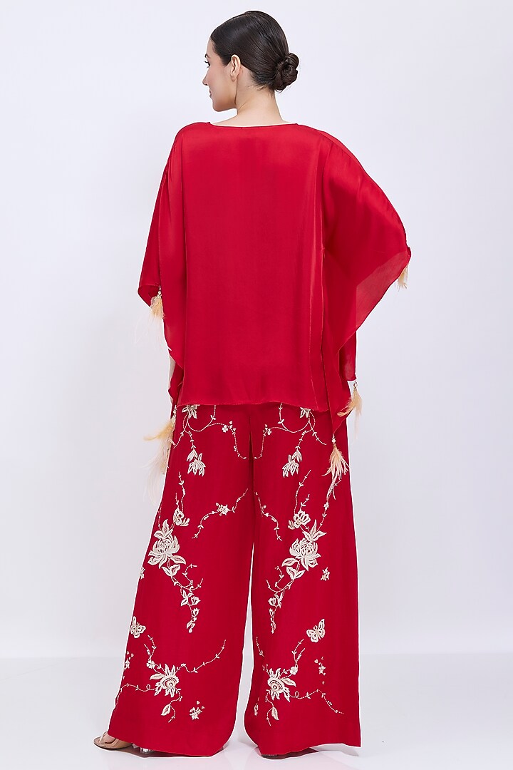 Red Blended Linen Chrysanthemum Machine Embroidered Trousers by Dilnaz Karbhary at Pernia's Pop Up Shop