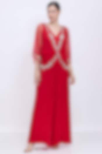 Red Blended Satin Jumpsuit With Kaftan by Dilnaz Karbhary at Pernia's Pop Up Shop