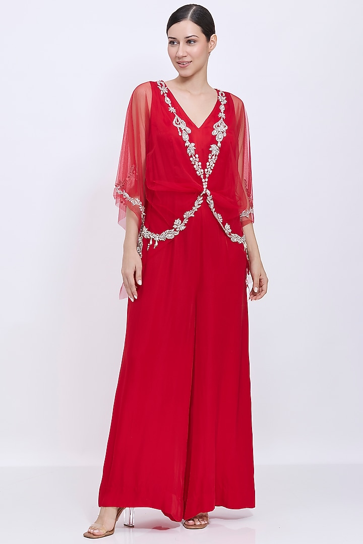 Red Blended Satin Jumpsuit With Kaftan by Dilnaz Karbhary at Pernia's Pop Up Shop