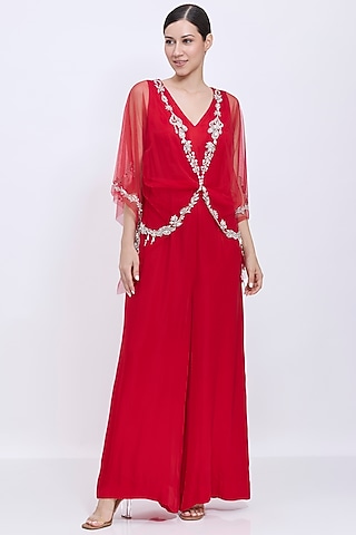 Red Blended Satin Jumpsuit With Kaftan by Dilnaz Karbhary